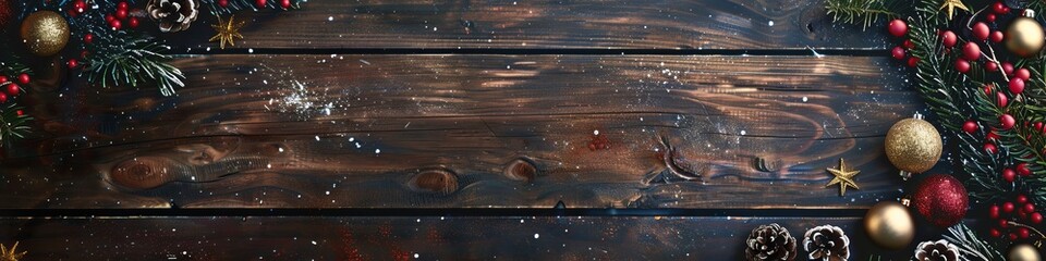 Rustic wooden Christmas background with fir branches and ornaments. Festive holiday concept.