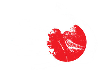 Right palm print on a light gray background with the Japanese flag inside the hand contour. The red Hinomaru (sun disc) fills the palm area, while the fingers are white. Grunge style with visible scra
