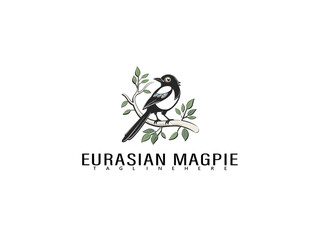 Cartoon-style Eurasian Magpie perched on a heart-covered branch with foliage in soft hues, great for romantic bird art, educational printables, or nature-themed product labels.

