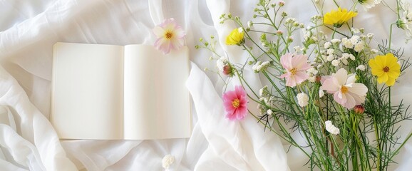 Flat lay of a blank open notebook with a colorful wildflower bouquet on white fabric