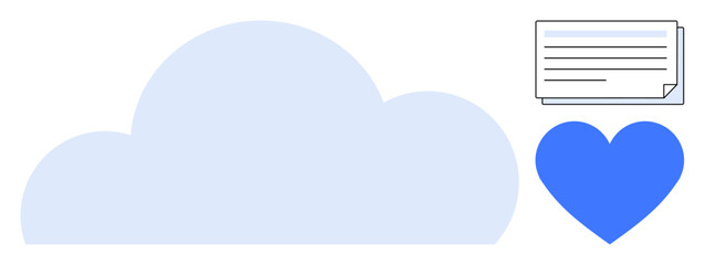 Cloud with digital document and heart symbolizing online data storage, security, reliability, and care. Ideal for cloud technology, sharing, communication, trust, connection privacy social good