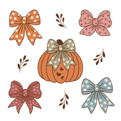 set of isolated cozy pumpkins and bows