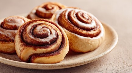 Fototapeta premium Four cinnamon rolls, glazed and golden, rest on a light beige plate. Close-up, shallow depth of field