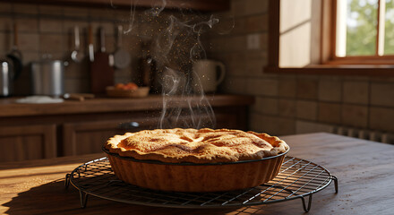 A freshly baked apple pie, still steaming, sits on a cooling rack in a rustic kitchen, bathed in warm sunlight.