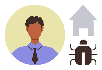 Portrait of a man in business attire beside a house and bug icon, conveying work-life balance, home protection, security risks, career challenges, technology threats, vulnerability, and simple flat