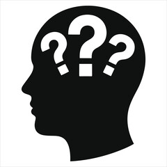 Silhouette of Human Head with Question Marks Inside Brain – Conceptual Vector Illustration for Confusion, Uncertainty, Decision Making, Problem Solving, Knowledge, and Thinking on White Background
