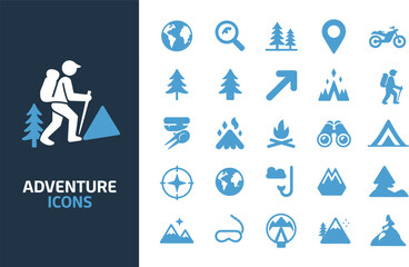 Adventure travel hiking camping outdoor icons vector set