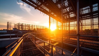 Fototapeta premium Industrial Structure at Sunset with Golden Light Streaming Through Metal Framework