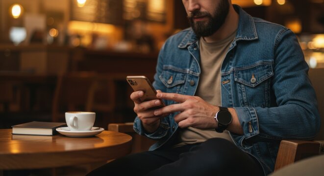 Bearded Man in Denim Jacket Using Smartphone in a Cafe
