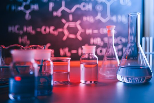 Laboratory Experiment: A captivating laboratory scene, featuring an array of glass beakers and bottles arranged with precision against a backdrop of handwritten chemical formulas and equations.