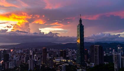 Fototapeta premium Taipei City Skyline at Sunset: Dramatic Sky and Iconic Tower Illuminated