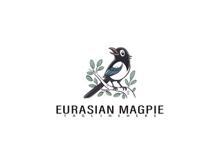 Eurasian Magpie perched on a rustic branch surrounded by soft pastel leaves and stylized hearts, drawn in cute cartoon style perfect for romantic or educational wildlife designs.


