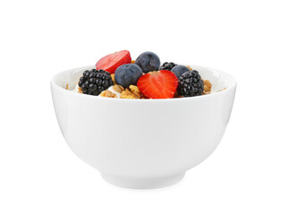 Tasty yogurt with granola and berries in bowl isolated on white