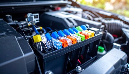 Colorful fuse box in a car engine bay