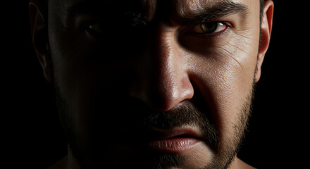 A close-up portrait of a man displaying an intense, angry expression, with dramatic lighting.