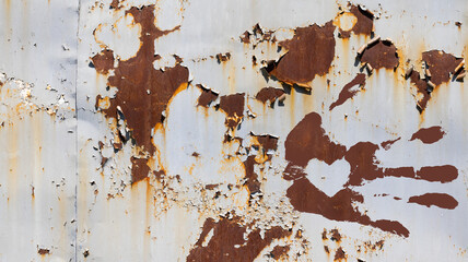 Rusty metal surface revealing intricate patterns of peeling paint with a handprint heart symbol, showcasing creative decay and texture