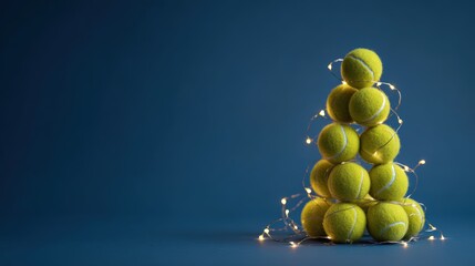 Creative arrangement of padel and tennis balls forms minimalist Christmas tree shape with fairy lights and copy space