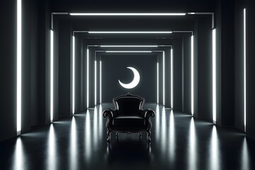 Dark hallway with ornate chair and crescent moon neon lights