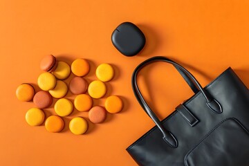 Black tote bag with orange and yellow macarons and black earbuds