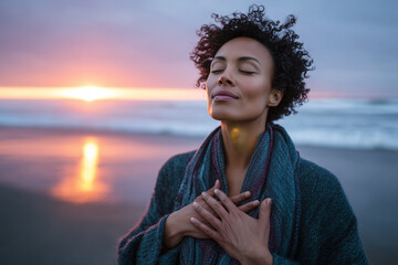 Peaceful woman enjoying a serene sunrise on the beach with eyes closed and hands over heart, embracing calm and mindfulness
