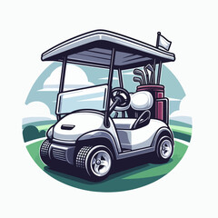 Cartoon-style illustration of a golf cart with golf clubs and accessories, positioned on a grassy field with a sky background.