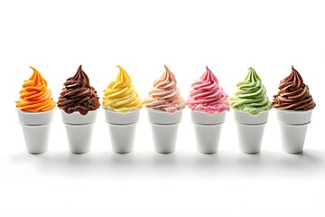 Seven assorted soft serve ice cream cones in white cups