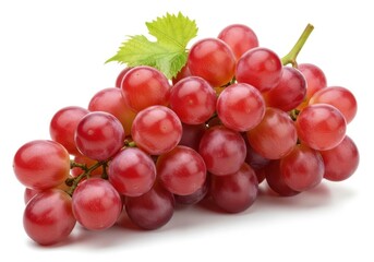 Fototapeta premium Close up studio photograph of a bunch of ripe red grapes with a green leaf fruit