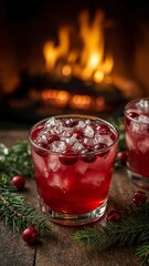 Cozy Holiday Cheer: Refreshing Cranberry Drink with Ice and Berries by a Warm Fireplace on a Rustic Wood Table