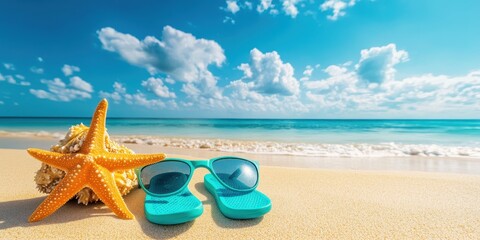 Beautiful colorful background for a summer beach holiday. Sunglasses, starfish, turquoise, summer holiday concept