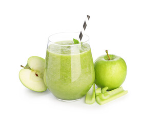 Superfood. Tasty smoothie in glass and ingredients isolated on white