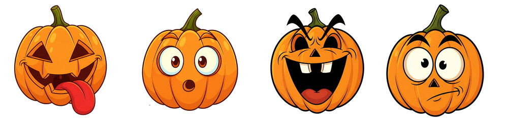 Four cartoon halloween pumpkins with different funny faces isolated on transparent background