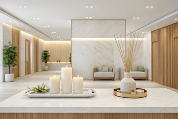 White candles and reed diffuser on marble counter reception