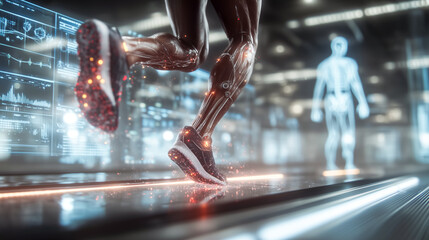 A futuristic runner showcases advanced technology and biomechanical visualization.