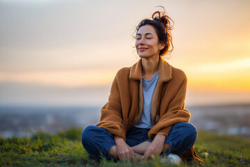 Young woman meditating outdoors at sunset, enjoying peace and mindfulness while sitting cross-legged on grass