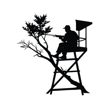 Silhouette of a hunter in a tree stand with rifle and tree