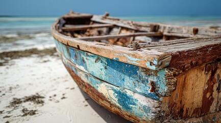 Obraz premium A weathered wooden fishing boat on a beach. Colorful, faded paint, showing age