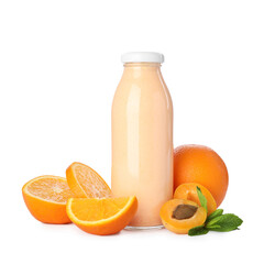 Superfood. Tasty smoothie in glass bottle and ingredients isolated on white