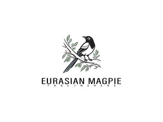Cute cartoon-style Eurasian Magpie perched on a branch with natural textures and floating hearts, ideal for bird-themed branding and eco-friendly stationery designs.

