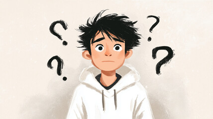 少年が疑問の表情を浮かべるミニマルイラスト