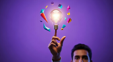 Man Balancing a Light Bulb on His Finger with Colorful Geometric Shapes Floating Around on a Purple Background Representing Innovation