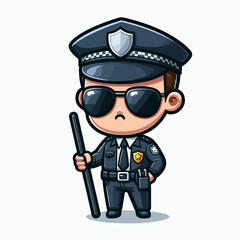 Fototapeta premium Stylized, cartoon rendering of a police officer, complete with a uniform, sunglasses, and a baton. The figure is presented in a simple, clear, and cheerful style.