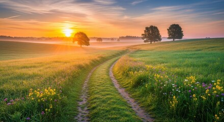 Obraz premium Peaceful Sunrise Path, Youthful Nature Scene