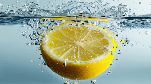 Underwater lemon slice splash. Vibrant yellow fruit in pure water bubbles, 4K commercial. Slow motion citrus splash. Refreshing lemon slice with clean water and healthy summer vibe.