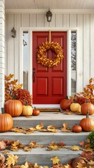 Obraz premium Vertical autumn porch pumpkins decor festive seasonal doorway