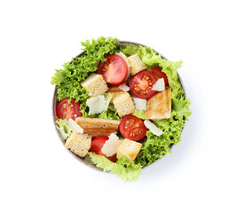 Delicious salad with croutons, chicken, tomatoes, cheese and lettuce isolated on white, top view