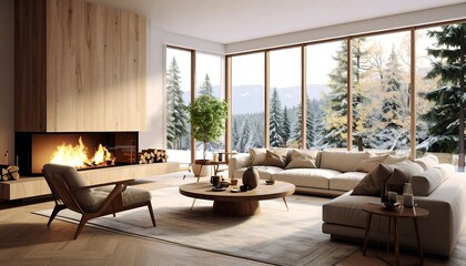 Obraz premium Cozy Modern Living Room with Fireplace and Snowy Mountain View
