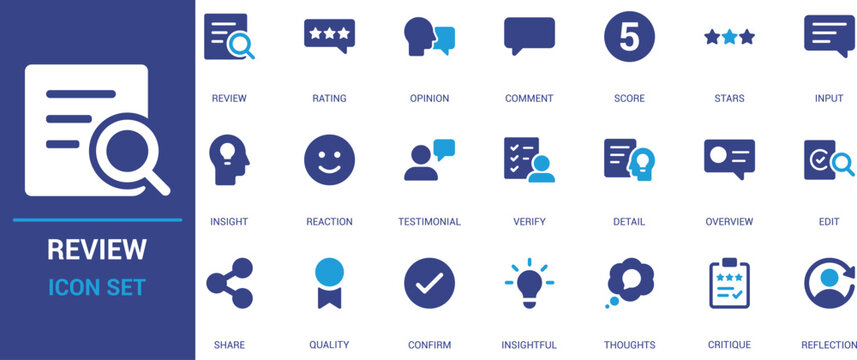 Flat review icon set featuring rating, comment, testimonial, insight, stars, verify, critique, and opinion symbols. Ideal for feedback, UX, and app design.