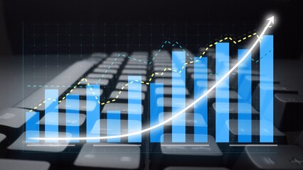 A visual representation of data analysis featuring blue bar graphs and line charts over a computer keyboard, highlighting growth trends and business metrics in a modern setting. Copula
