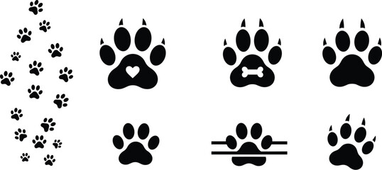 Dog Paw Prints and Animal Tracks: A Vector Set of Paw Icons with Heart and Bone Symbols for Pet-related Designs and Veterinary Concepts.