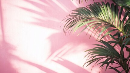 pink wall background blurred palm leaf shadows suitable spring summer product presentation, Blurred Shadow of palm leaves on the pink wall
